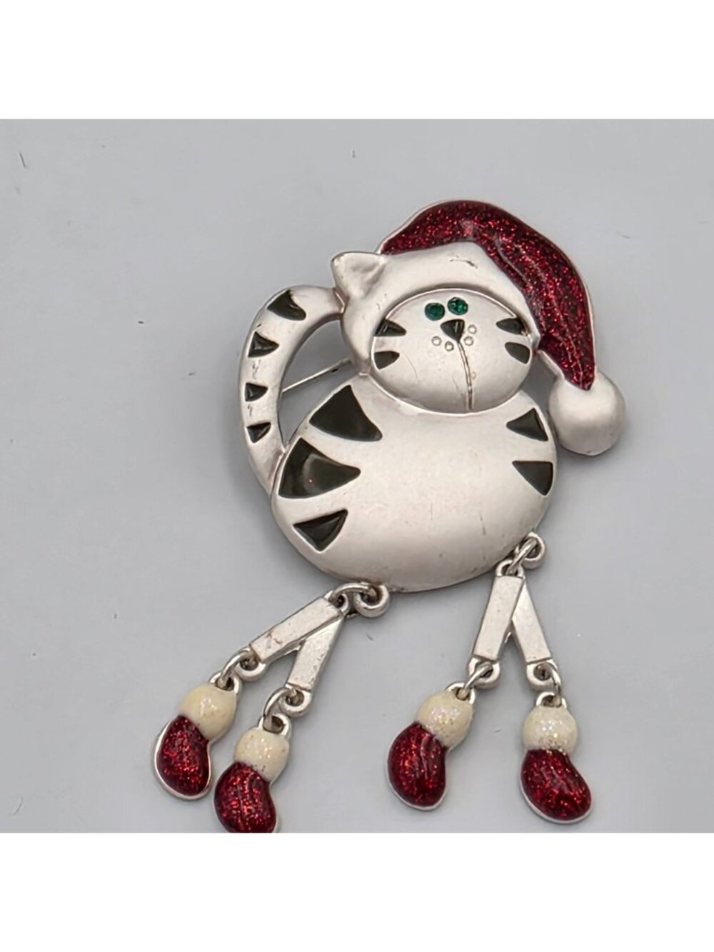 Vintage Cat Christmas Brooch With Dangling Glitter Stockings & Santa Hat 2.5"